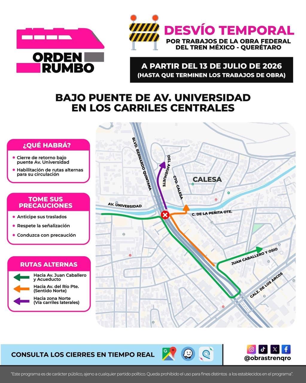 Bajo puente de Universidad estará cerrado por obras del tren en Querétaro hasta nuevo aviso