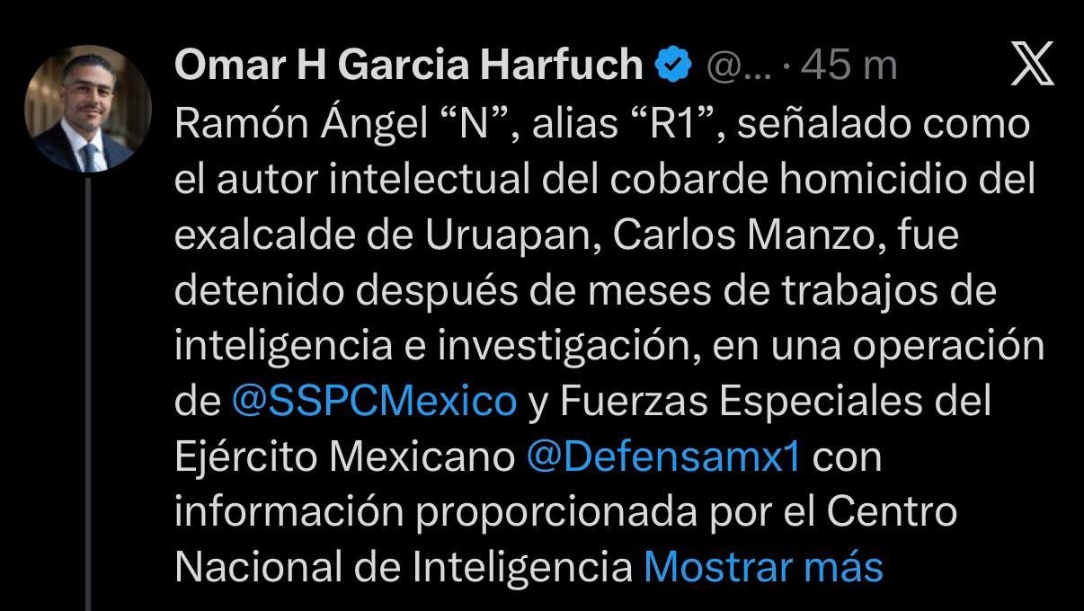 Detienen a presunto autor intelectual del homicidio del exalcalde de Uruapan, Carlos Manzo&nbsp;