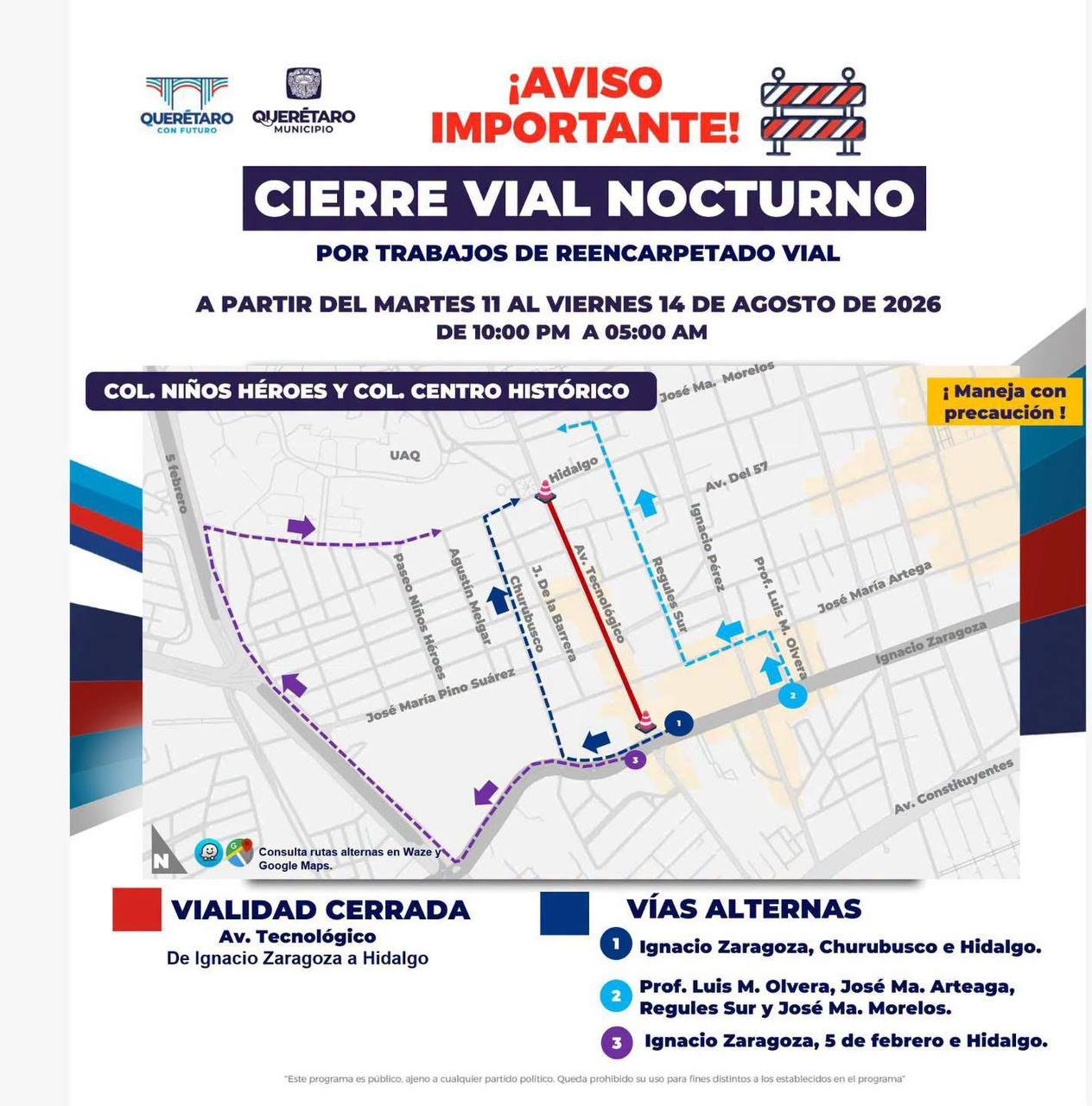 Más cierres en Querétaro: avenida Tecnológico permanecerá cerrada por las noches
