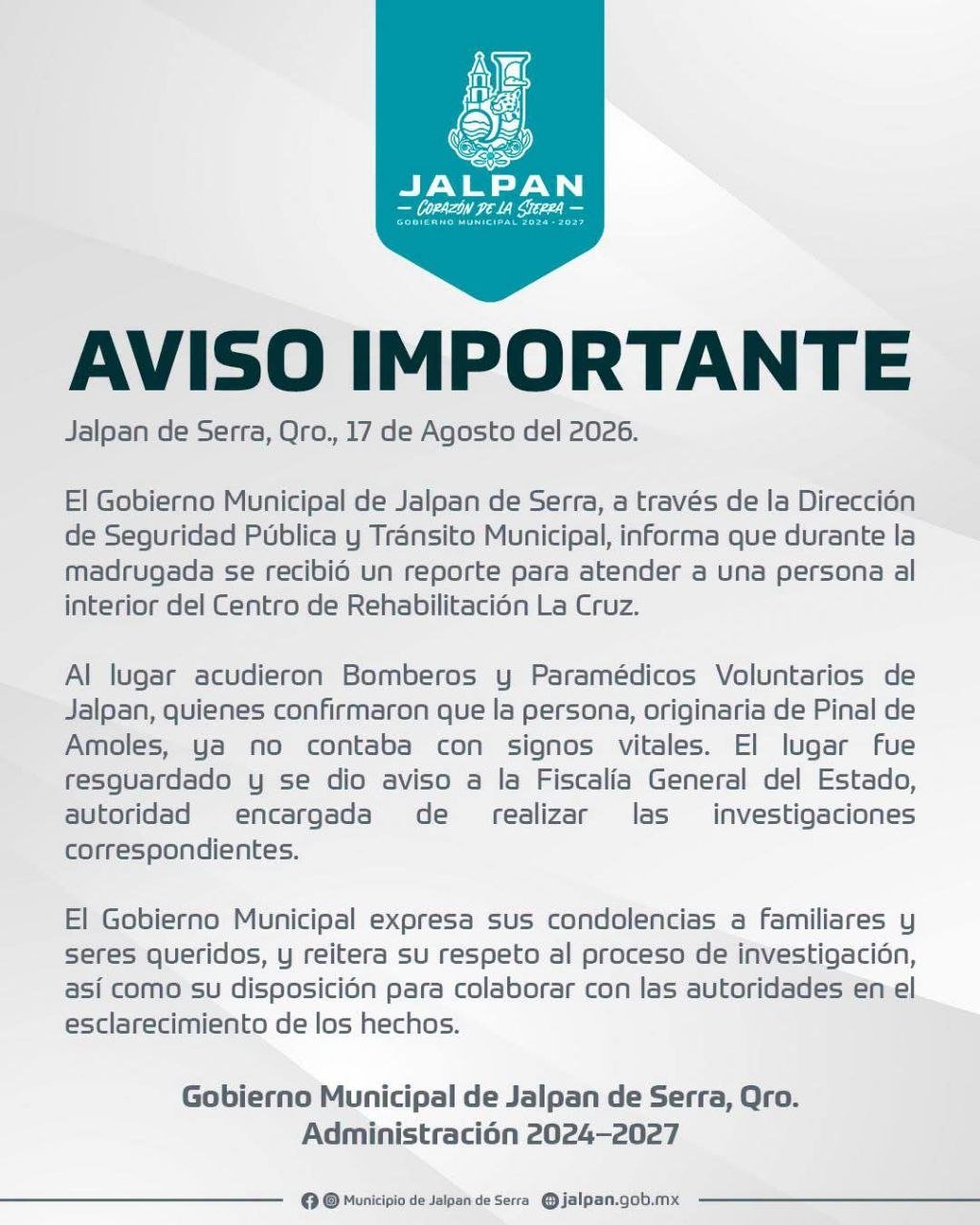 Localizan sin vida a una persona dentro de centro de rehabilitación en Jalpan