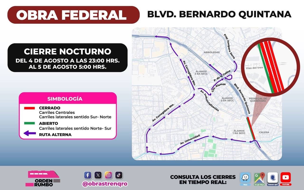 Habrá cierre nocturno en Bernardo Quintana este martes, por obras del Tren México–Querétaro