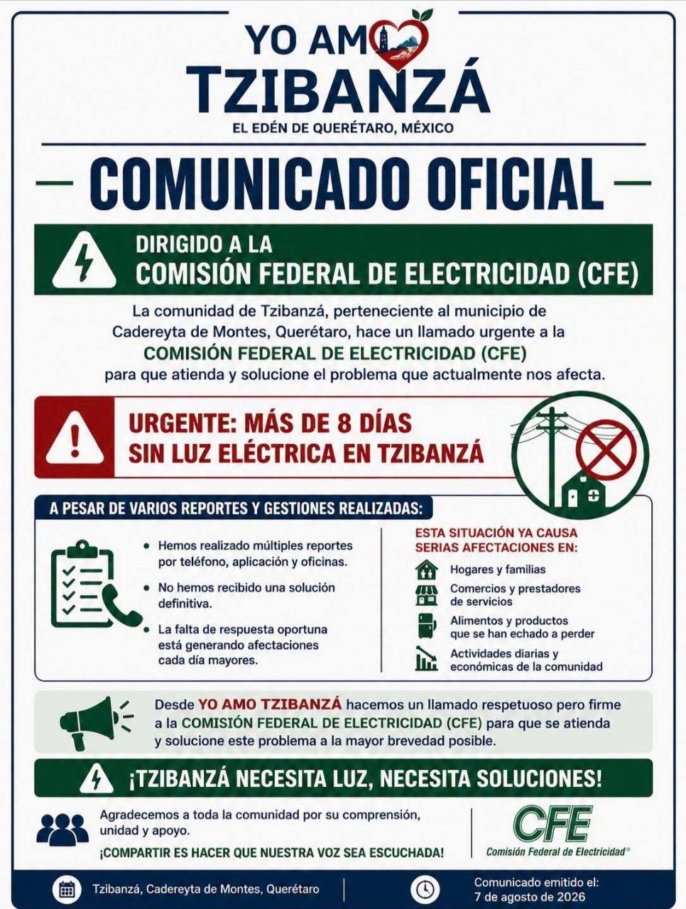 ¡Más de una semana sin luz! Tzibanzá pide auxilio a la CFE