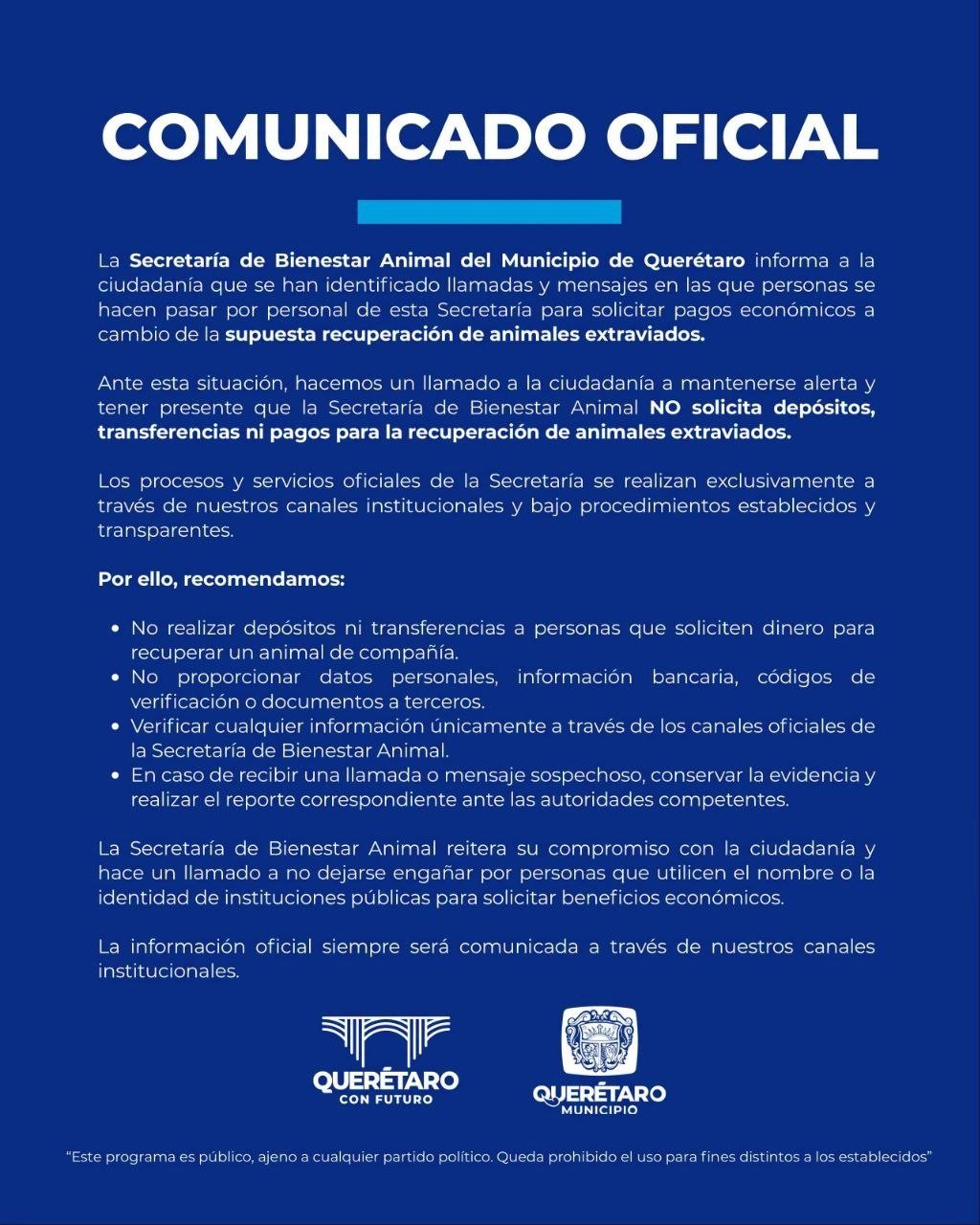 Advierte Municipio de Querétaro sobre fraude por supuesta devolución de animales extraviados