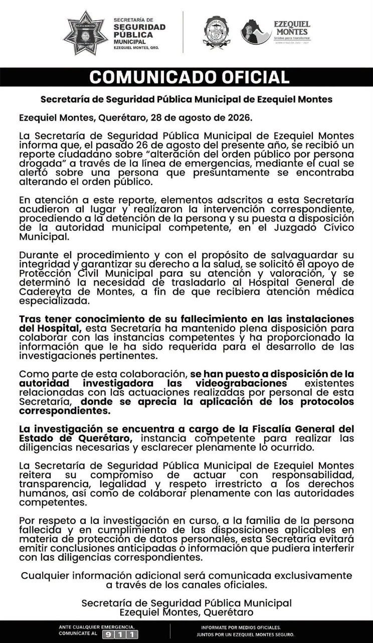 Muere en hospital persona detenida por alterar el orden público en Ezequiel Montes