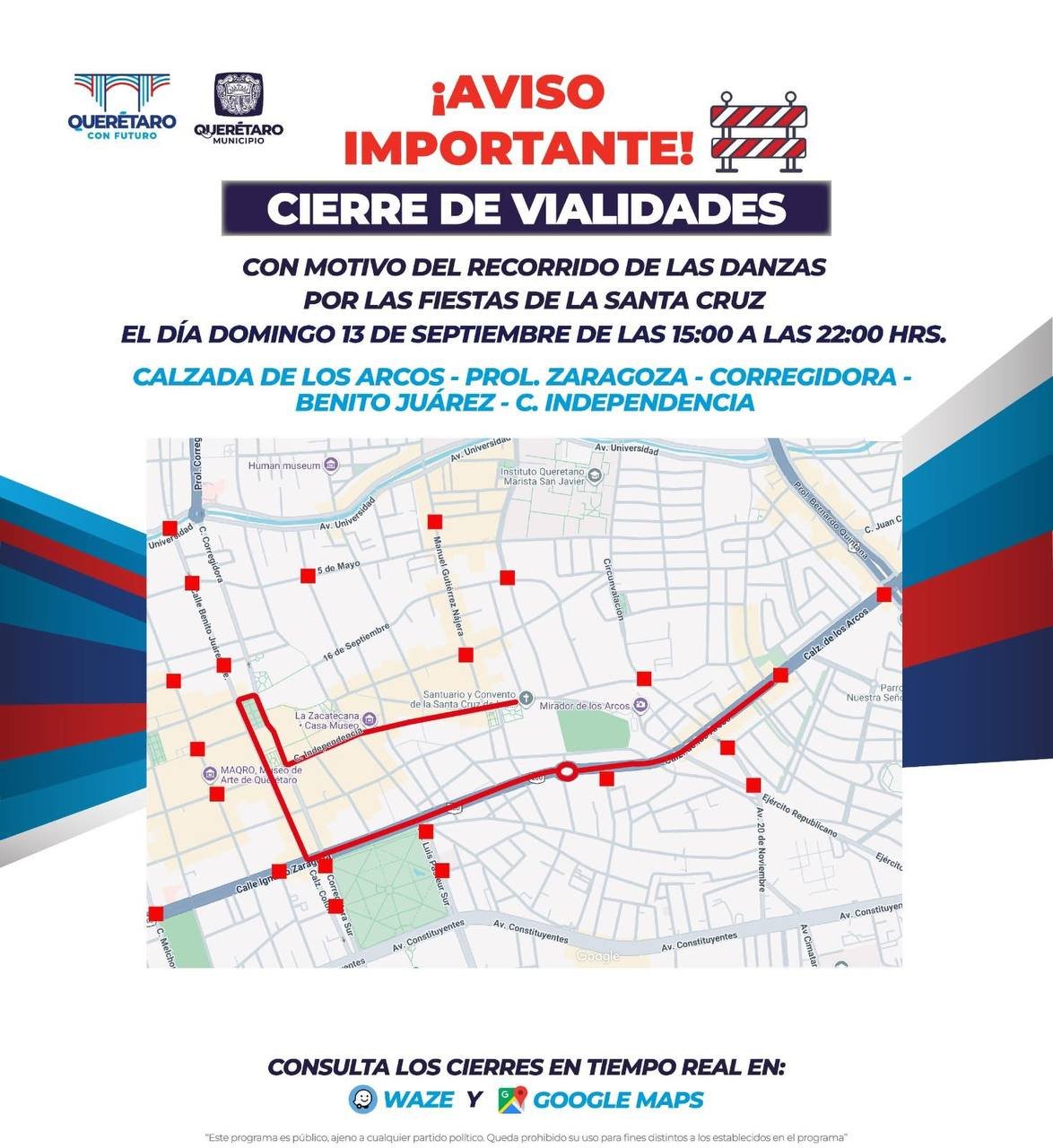OJO: Habrá cierres viales este domingo en el Centro de Querétaro por recorrido de danzantes