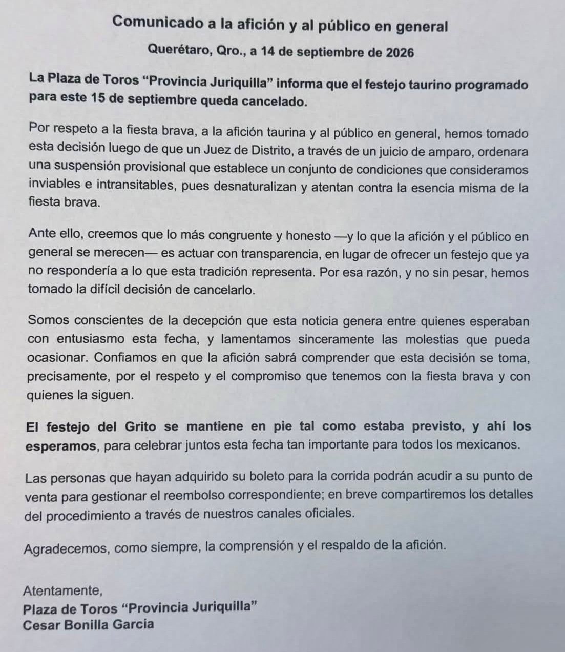 “Atenta contra la esencia”: Juriquilla cancela su corrida del 15 de septiembre tras amparo