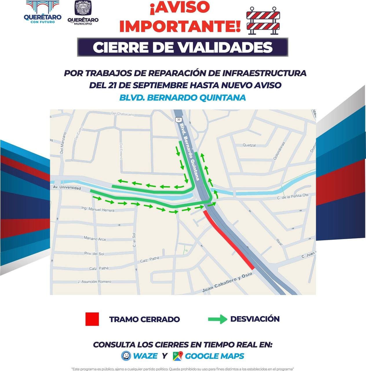 ¡Atención automovilistas! Cierre en Bernardo Quintana obliga a tomar rutas alternas