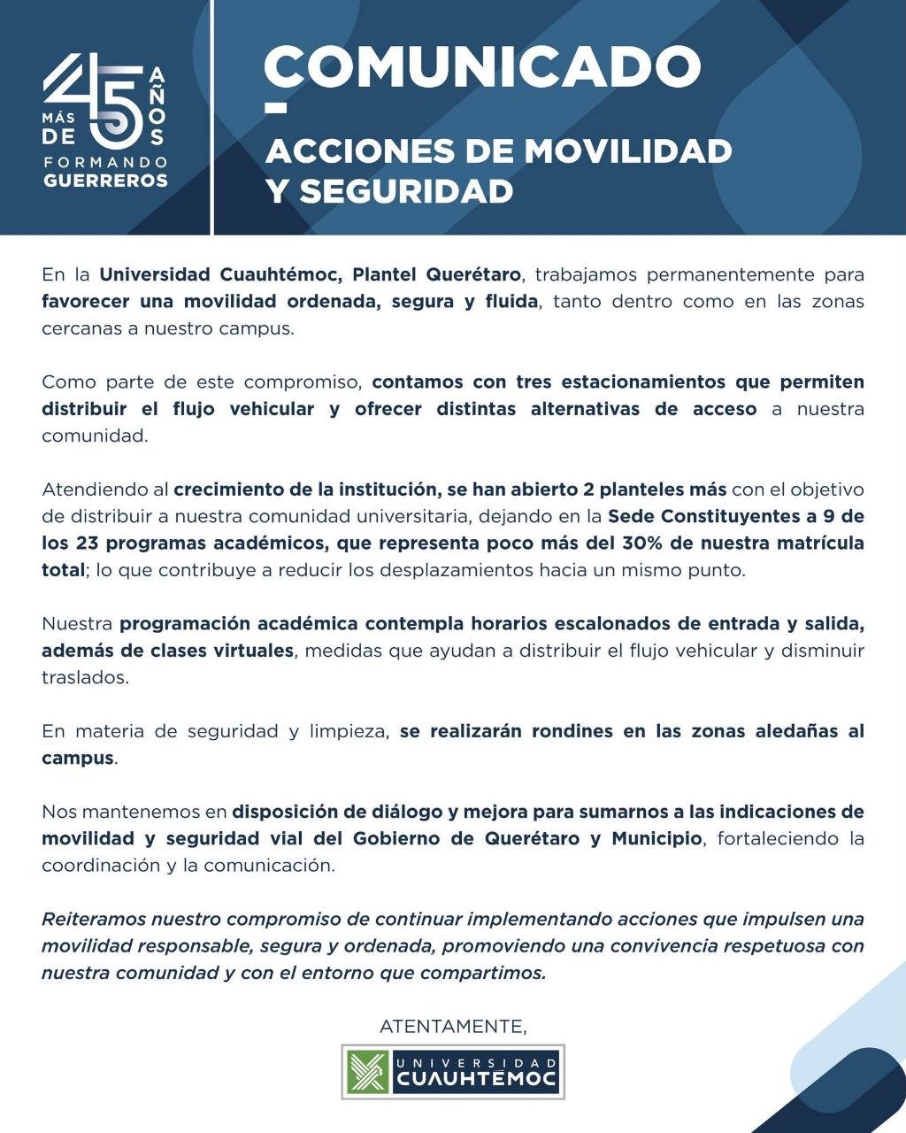 Universidad Cuauhtémoc anuncia acciones para mejorar movilidad y seguridad en su campus de Querétaro