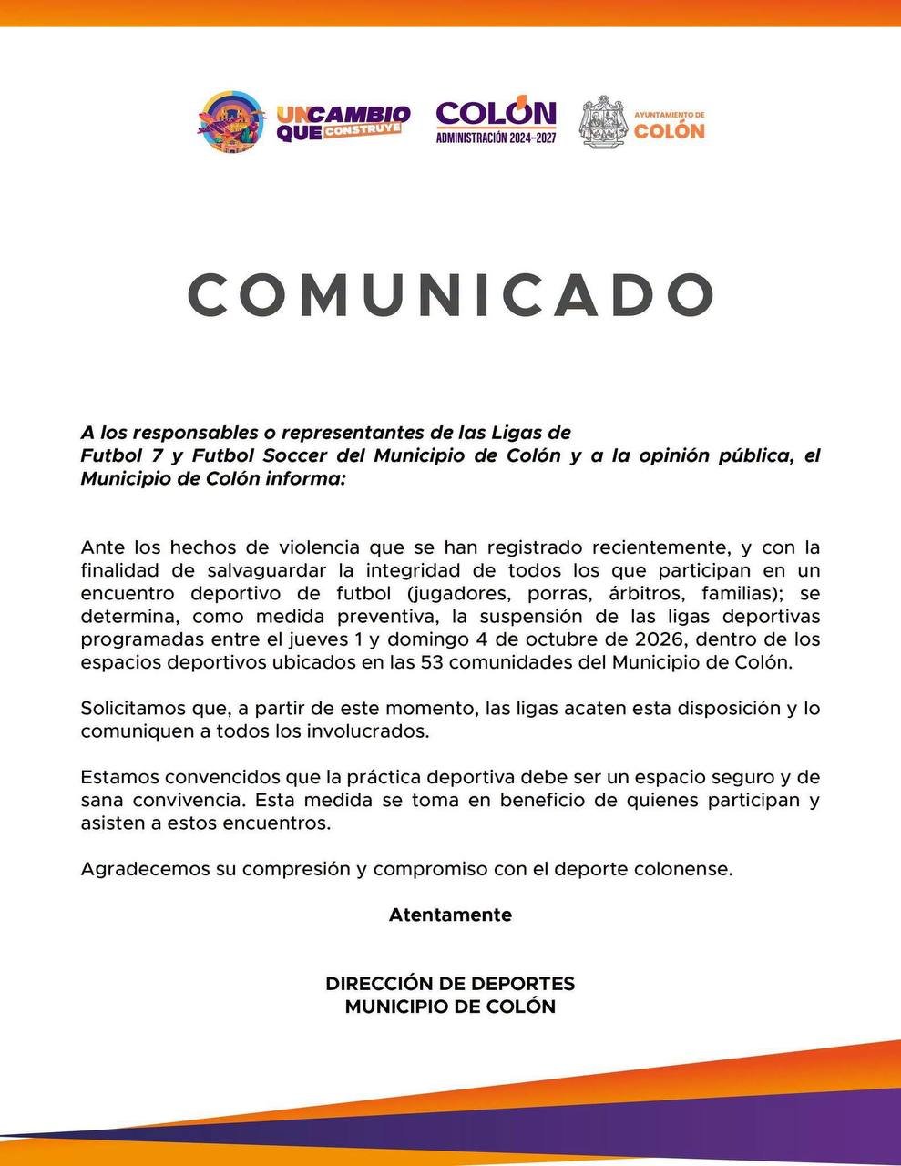 Colón se suma a la suspensión de ligas de fútbol por violencia en 63 comunidades