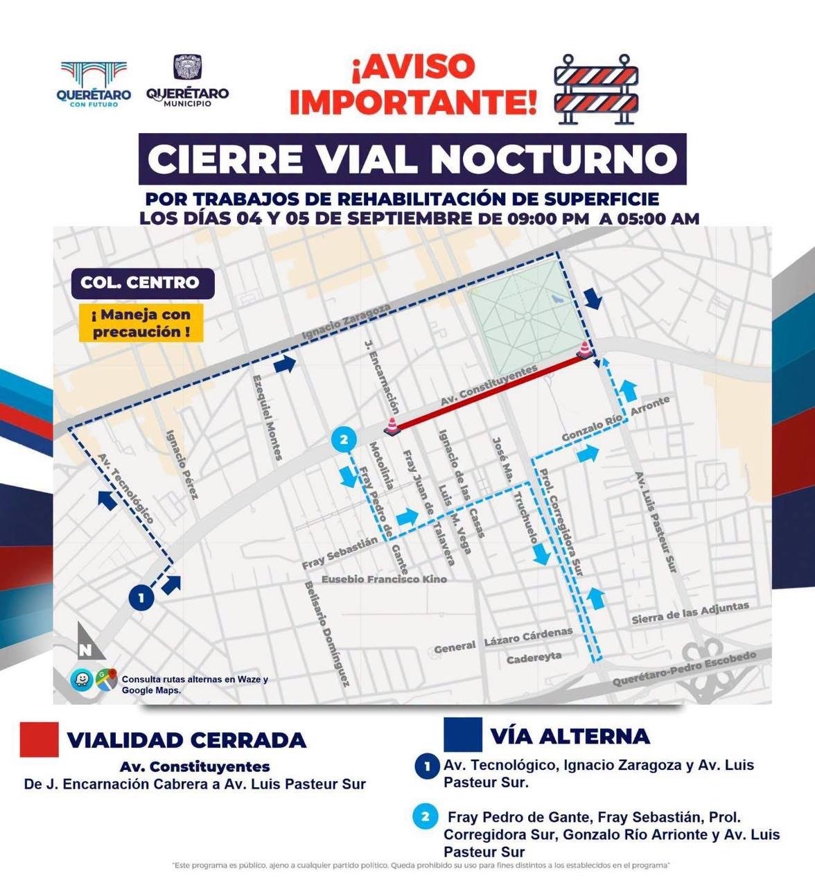 Ojo si circulas por el Centro: avenida Constituyentes tendrá cierre nocturno este sábado