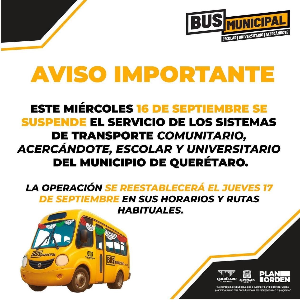 16 de septiembre sin transporte comunitario, escolar y universitario en Querétaro