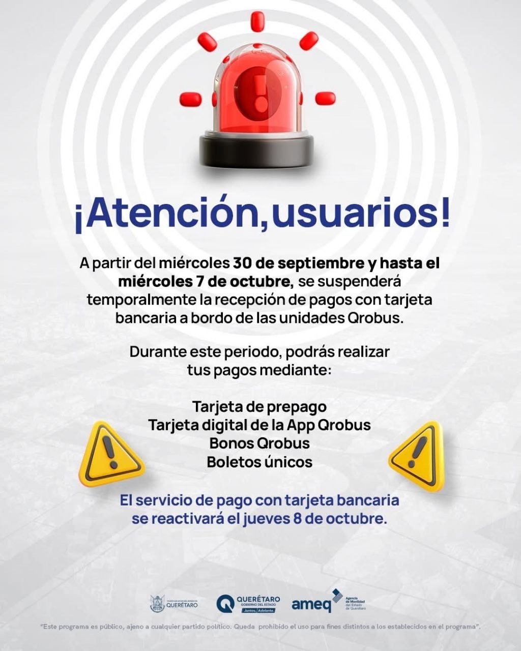 Del 30 de septiembre al 7 de octubre, Qrobus no aceptará pagos con tarjeta bancaria