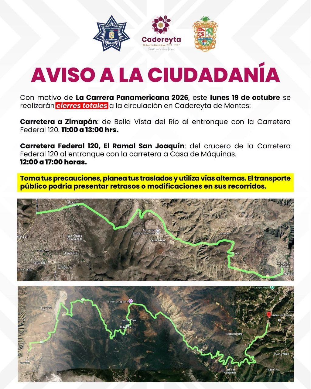 Estos son los horarios de los cierres viales en Cadereyta por la Carrera Panamericana 2026