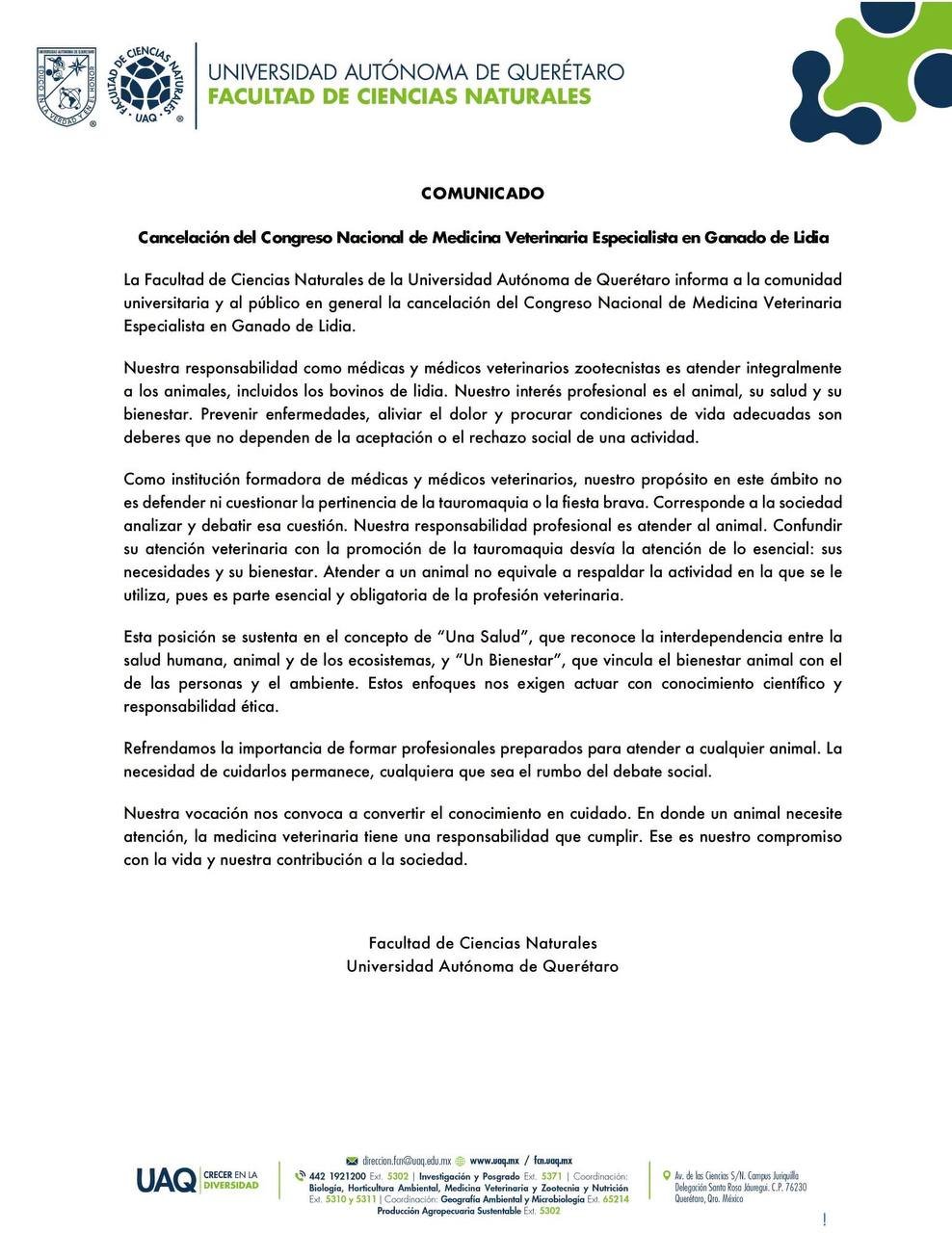 UAQ suspende congreso sobre ganado de lidia previsto para el 29 de octubre 
