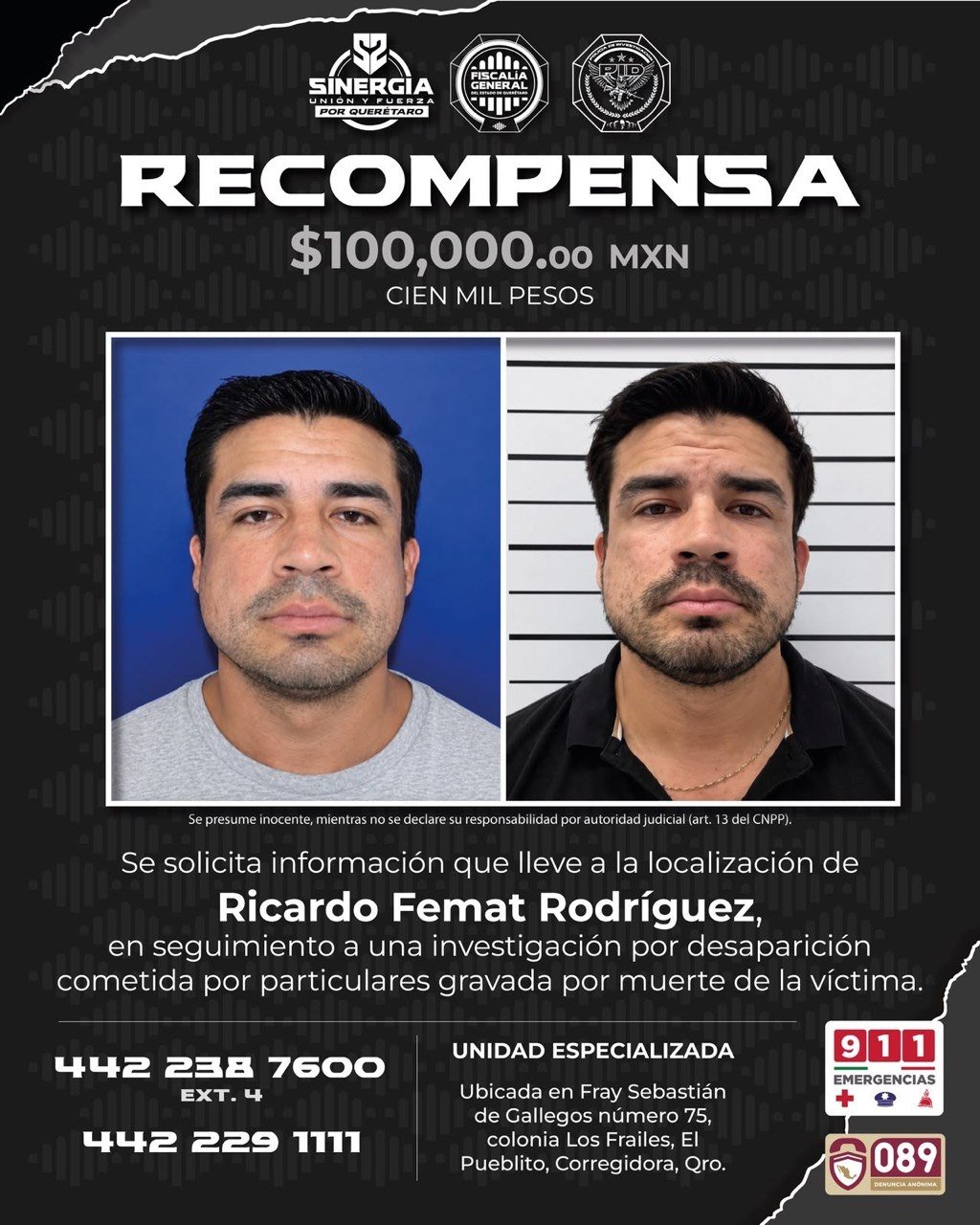 Fiscalía de Querétaro ofrece 100 mil pesos para dar con el paradero de Ricardo Femat Rodríguez
