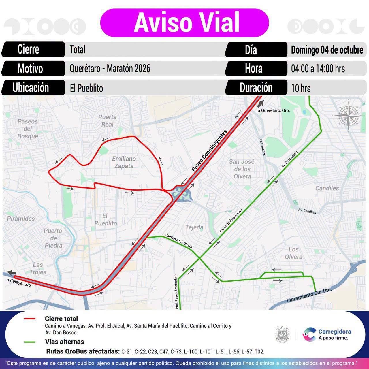 Estos son los cierres viales en Corregidora por el Querétaro Maratón 2026