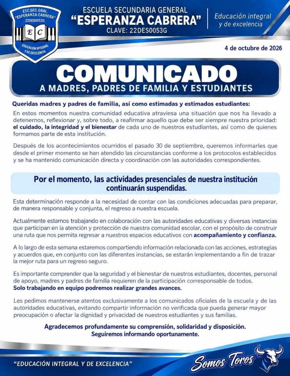 Tras los hechos del 30 de septiembre, la escuela Esperanza Cabrera mantiene cerradas sus actividades presenciales