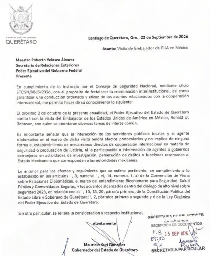 Querétaro avisó a la SRE sobre visita de embajador de EU