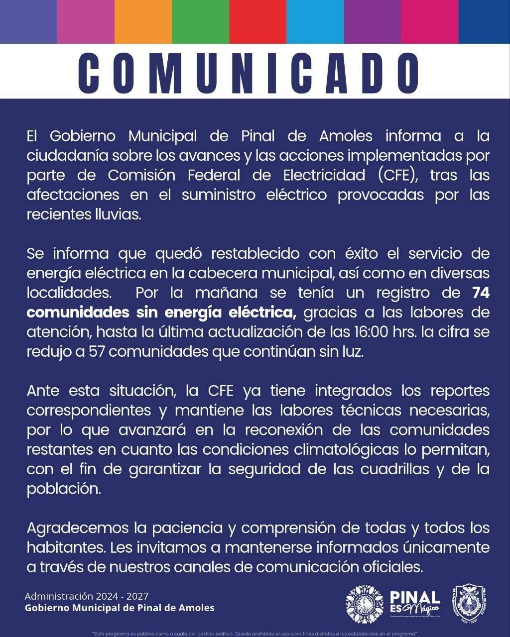 57 comunidades de Pinal de Amoles continúan sin energía eléctrica tras lluvias