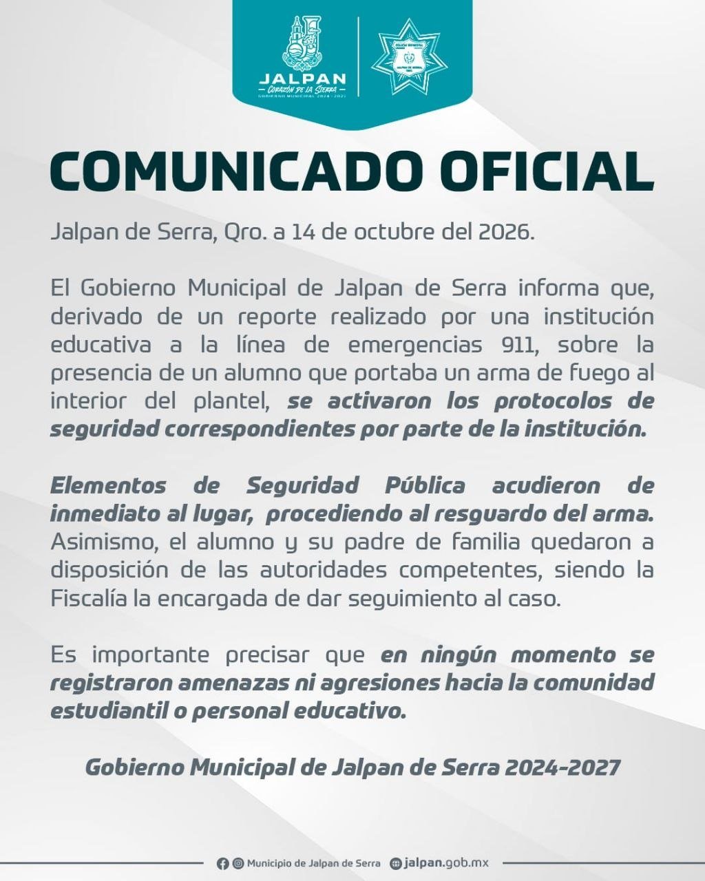Activan protocolos de seguridad en escuela de Jalpan por reporte de alumno con arma de fuego