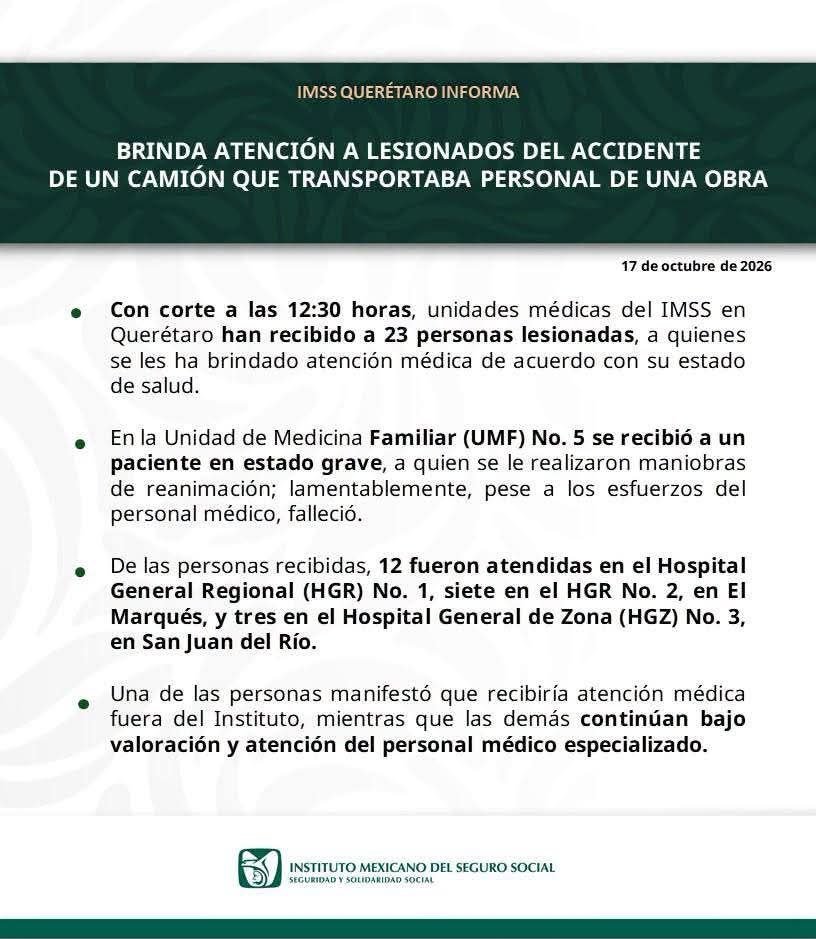 Accidente de camión que transportaba trabajadores deja dos fallecidos y 23 lesionados en Querétaro