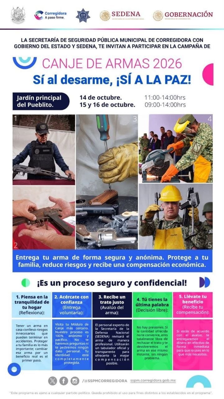 Pagarán en efectivo por canje de armas en Corregidora del 14 al 16 de octubre